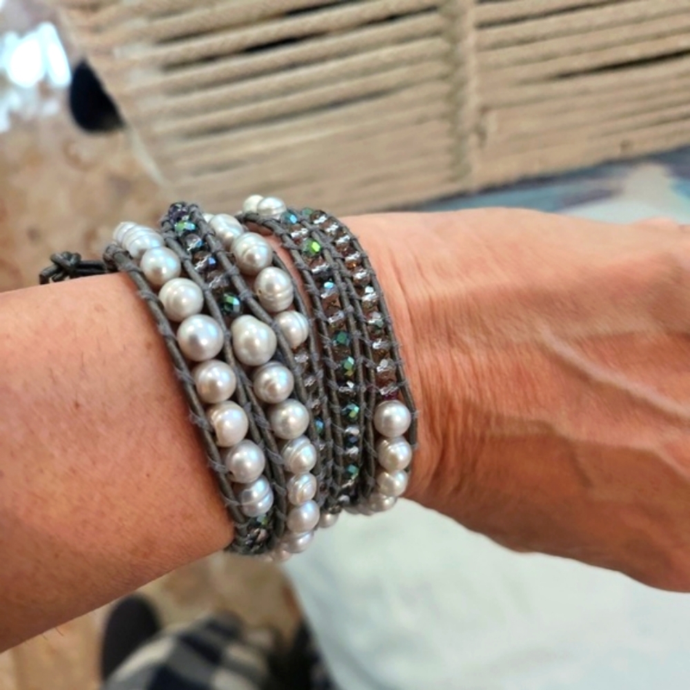 Leather, Pearl, Stone Bracelet